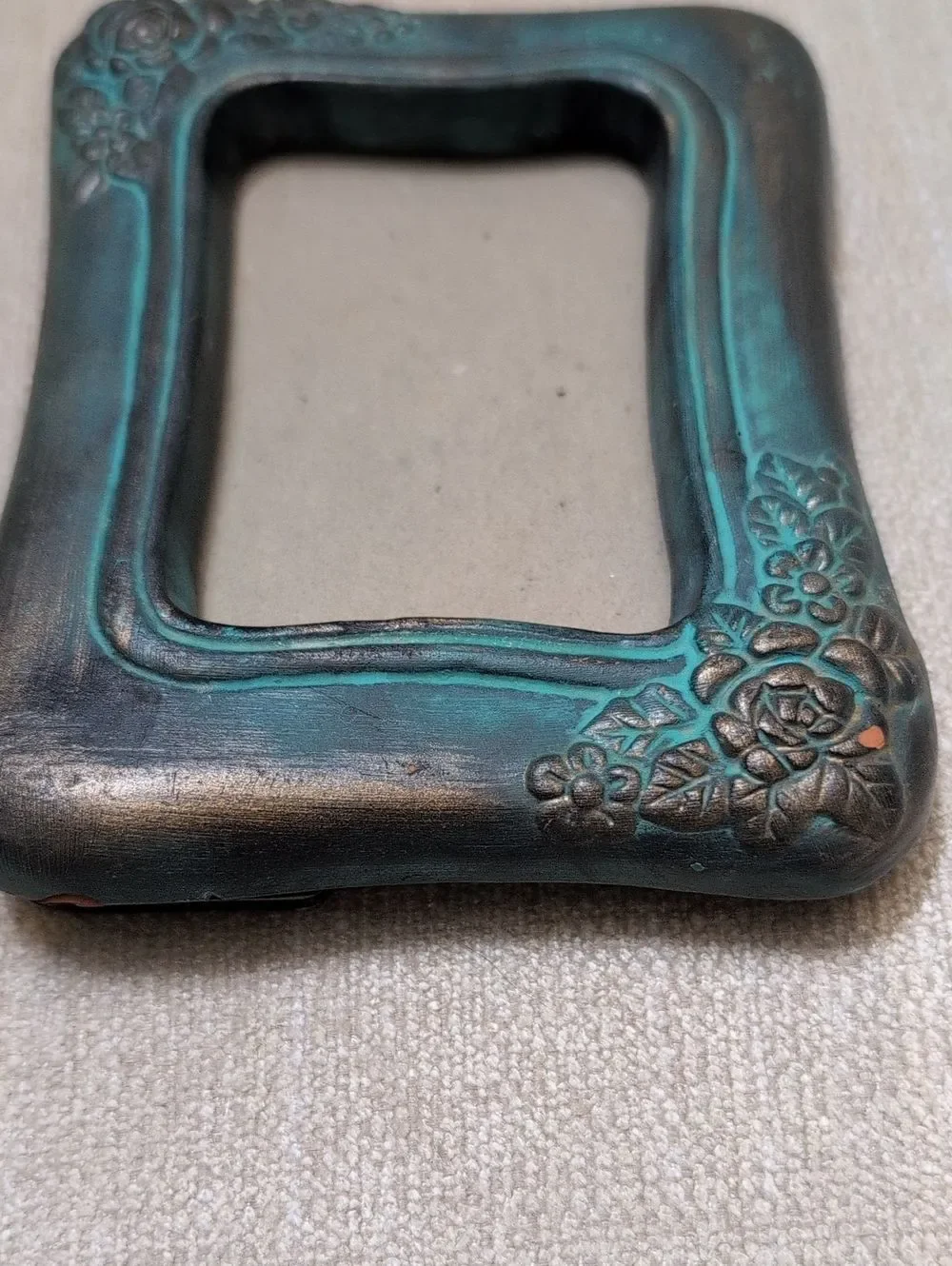 Turquoise Patina Floral Accent Pottery Picture Frame 2